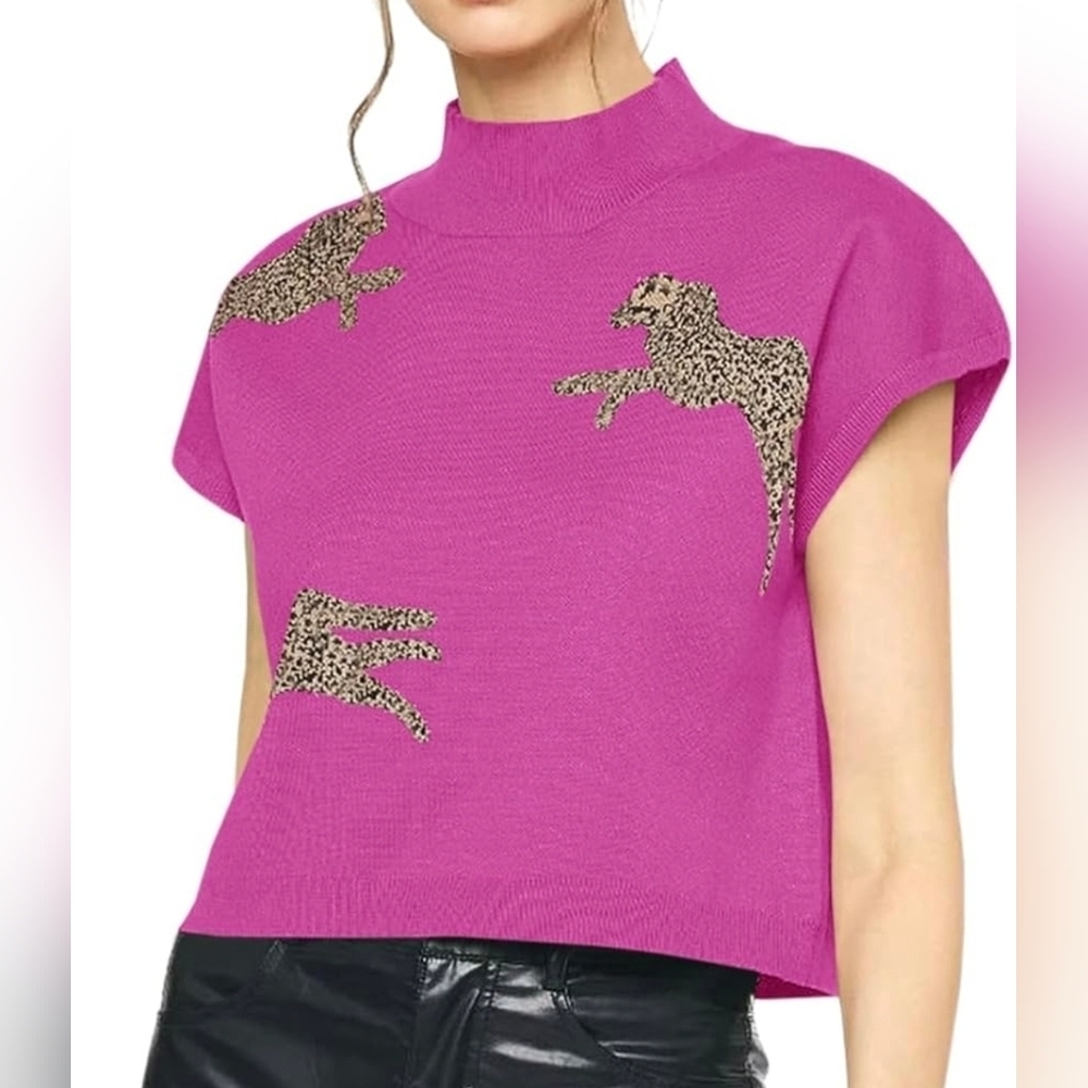 Entro Pink Cowl Neck Short Sleeves Sweater with Leopard Accents Spring Layering